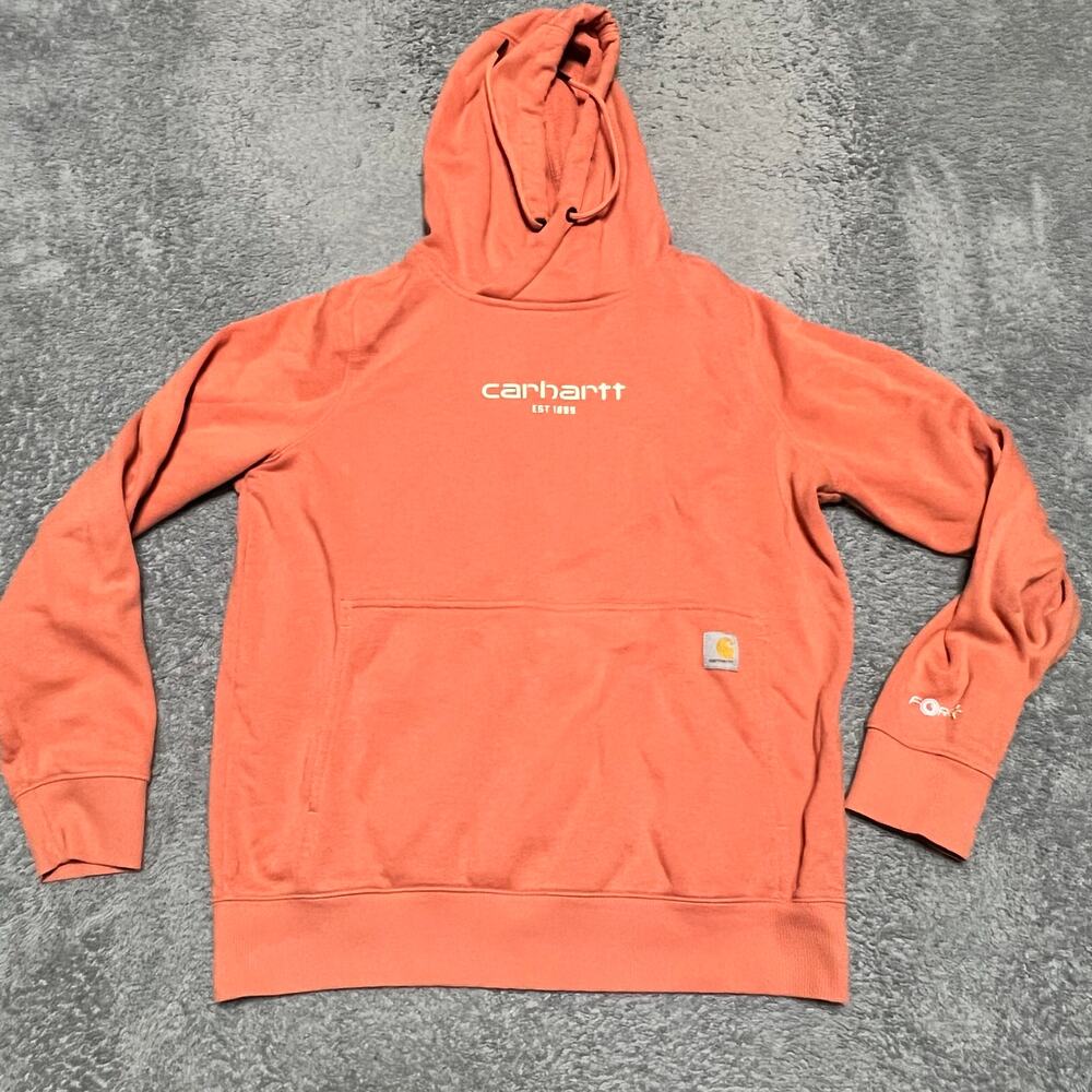 Carhartt Hoodie Womens Small 4-6 Orange Spellout Sweatshirt Workwear